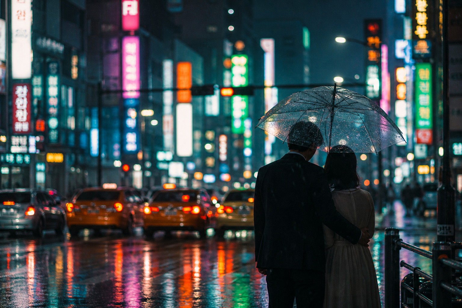 Wet city street shining at night after rain