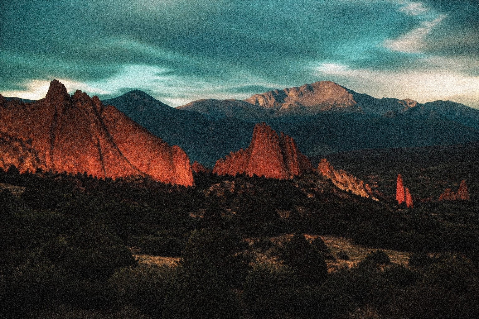 Garden of the Gods red rock formations and mountain light