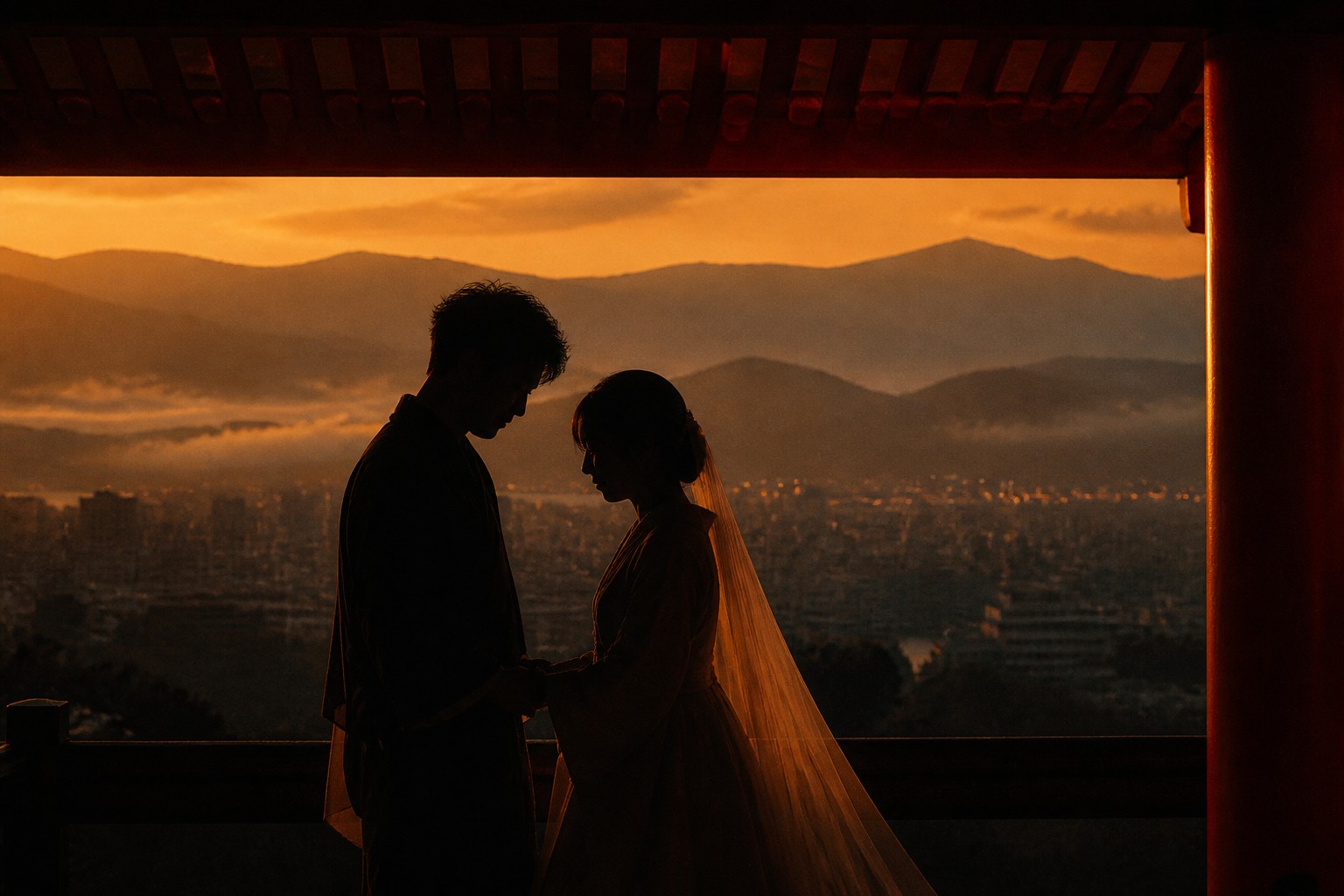 Two figures under timber eaves at dusk